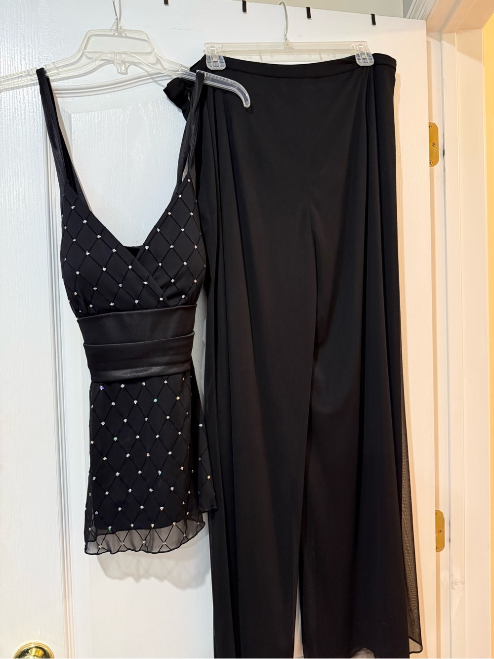 R&M Richards Black Beaded Wide-Leg Pants with Matching Beaded Lattice Top